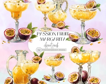 Passionfruit Margarita Drink Clipart, Tropical Drink PNG, Watercolor Cocktail Illustrations, Digital Download, Signature Drink, Fiesta Art