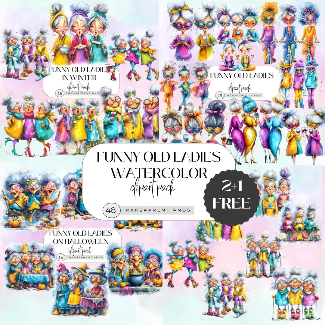 Watercolor Granny Clipart BUNDLE, Funny Old Lady Clipart, Whimsical ...