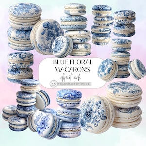May include: An assortment of blue and white floral macarons, resembling porcelain designs. The image includes stacks and individual macarons with intricate floral patterns. Text reads "BLUE FLORAL MACARONS clipart pack" with "15 TRANSPARENT PNGS".