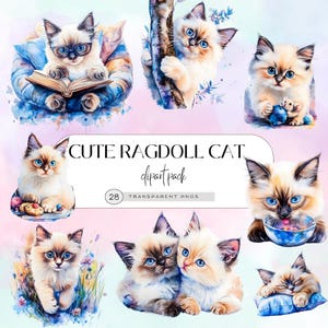Cute Ragdoll Cat Clipart – Watercolor Kitten PNG for Kids, Planner Stickers, Digital Scrapbooking, Baby Cat Illustrations & Craft Use