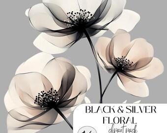 Black silver floral clipart png, abstract watercolor flowers bundle, Monochrome boho floral set, Paper craft, Junk Journals