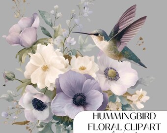 23 Hummingbird Floral Clipart, Boho Watercolor Flowers PNGs, Cute Birthday Printable Graphics, Paper craft, Junk journals, Digital dowmloads