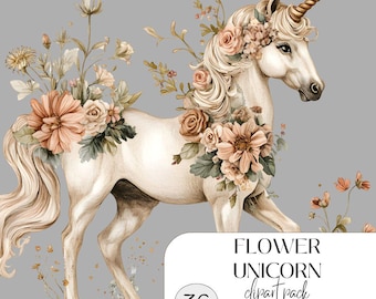 watercolor unicorn clipart png bundle, floral unicorn set, boho unicorn illustration, mystical unicorn, pastel unicorn, sublimation design