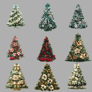 Pode incluir: Nove &aacute;rvores de Natal decoradas com v&aacute;rios esquemas de cores e ornamentos. As &aacute;rvores apresentam la&ccedil;os, flores e luzes, com cores como branco, verde, vermelho e dourado. Cada &aacute;rvore tem um design &uacute;nico.