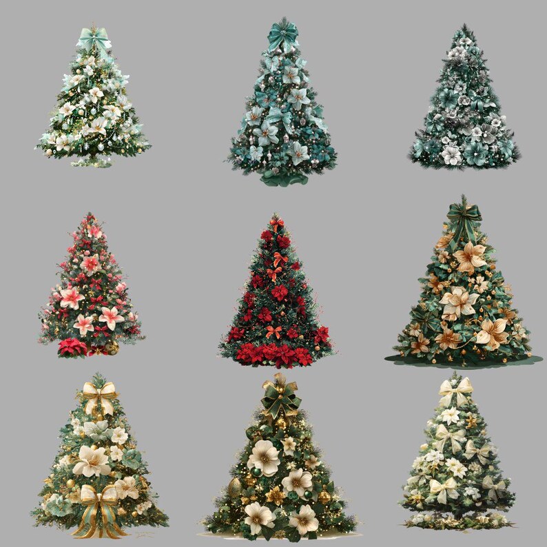 Pode incluir: Nove &aacute;rvores de Natal decoradas com v&aacute;rios esquemas de cores e ornamentos. As &aacute;rvores apresentam la&ccedil;os, flores e luzes, com cores como branco, verde, vermelho e dourado. Cada &aacute;rvore tem um design &uacute;nico.
