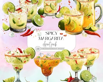 Spicy Margarita Clipart, Watercolor Cocktail Illustration, Digital Download PNG, Tequila Drink Art for Parties and Events