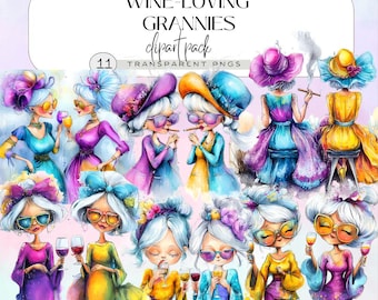 Conjunto de imágenes prediseñadas de ancianas amantes del vino, Abuela divertida bebiendo vino PNG, Mujeres mayores con copa de vino, Gráficos de ancianas amantes del vino