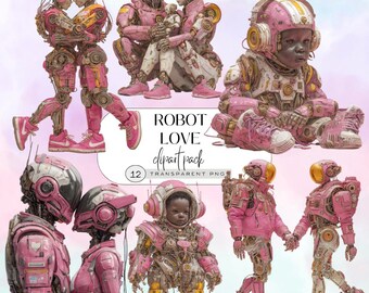 Robot Love Clipart, Futuristic Romantic Robots PNG, Sci-Fi Couples Illustration,baby robot, Pack for Valentine’s, Weddings & Digital Art,