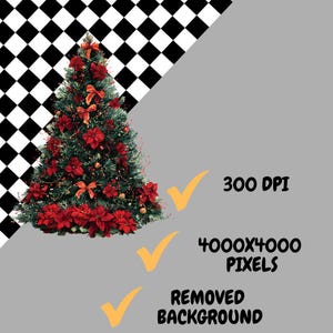 Pode incluir: Uma &aacute;rvore de Natal decorada com poins&eacute;tias e la&ccedil;os vermelhos. A &aacute;rvore est&aacute; sobre um fundo xadrez preto e branco e um fundo cinza. O texto da imagem diz "300 DPI", "4000x4000 PIXELS" e "REMOVED BACKGROUND".