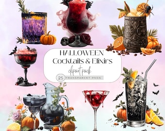 Clipart di cocktail di Halloween, PNG di bevande spettrali, grafica per feste ad acquerello, download digitale per festeggiamenti di Halloween, grazioso pacchetto di clipart