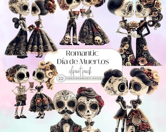Dia de los Muertos Couple Clipart, Sugar Skull PNG, Day of the Dead Art, Mexican Halloween Digital Download, Catrina
