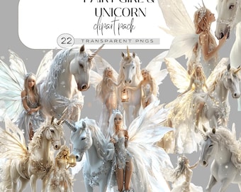 Fairy Girl and Unicorn Clipart Set, Winter Fantasy Clip Art, Magical Horse Illustration PNG, Ethereal Rider Graphics, Celestial Fantasy PNG