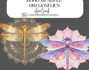 Boho Mandala Dragonfly Clipart Set, Ornamental Lotus PNG, Watercolor Mandala Wings, Digital Download, Junk Journal, Craft Supplies