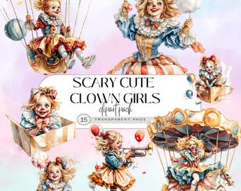 Scary Halloween Cute Clown Girls Clipart, Halloween Circus PNG, Creepy Carnival Illustration, Horror Doll Graphics, Spooky Costume Digital