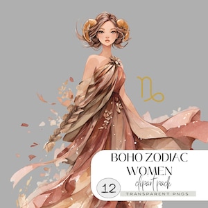 Aquarel dierenriem vrouwen clipart, boho astrologie meisjes png, mystieke horoscoop kunstset, bundel hemelse godin, zachte vrouwelijke sterrenbeelden