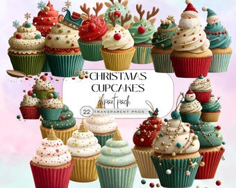 Clipart kerstcupcake, aquarel png vakantiedesserts, digitale download, commercieel gebruik, zoete lekkernijen