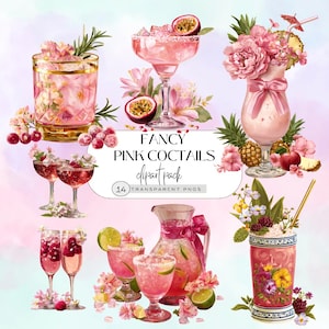 Könnte beinhalten: Aquarell-Illustrationen von rosa Cocktails, darunter Margaritas, Martinis und tropische Getränke, garniert mit Blumen und Früchten. Der Text "Fancy Pink Cocktails" und "clipart pack" sind sichtbar. 14 transparente PNGs.