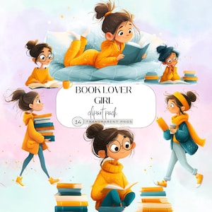 Young Girl Reading Clipart, Watercolor PNG, Digital Download, Book Lover Illustration, Cozy Reading Scene
