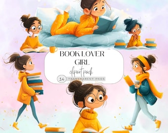 Girl Reading Book Clipart, Cute Watercolor Illustrations, Digital Download for Journals, Scrapbooking, Crafts