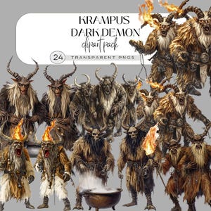 Krampus Clipart Set, Alpdemon Illustrationer, Mörkt Vinterdjur PNG, Eldfackladjävulskonst, Läskig Jul Clip Art