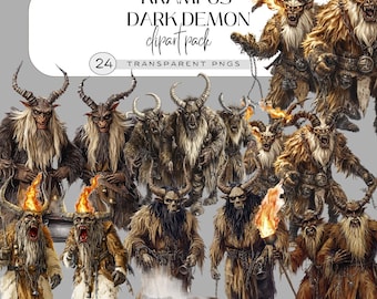 Conjunto de imagens de Krampus, ilustrações de demônios alpinos, PNG de besta invernal sombria, arte de demônio com tocha de fogo, imagens assustadoras de Natal.