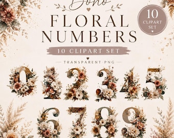 10 Elegant Boho Floral Numbers Clipart, High-Quality PNG, Invitation Design, Digital Prints, Commercial Use