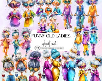 Watercolor Granny Clipart, Funny Old Lady Clipart, Whimsical Grandma PNG, Cheerful Elderly Woman Art, Digital Download for Crafts