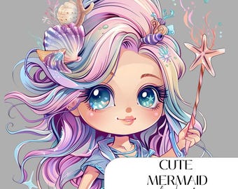 8 Magical Cute Mermaid Clipart, Cute Mermaid Printable Watercolor clipart, High Quality PNGs, Digital download, Paper craft, Junk Journals