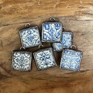 Ceramic Delft Floral Pendants or Charms Vintage Style Soldered & Unique Jewelry Supplies
