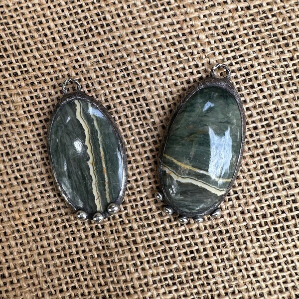 Earthy Green Ocean Jasper Hand Soldered Oval Pendants Artisan Jewelry Supplies Hand Crafted Vintage Solder Boho Style Findings