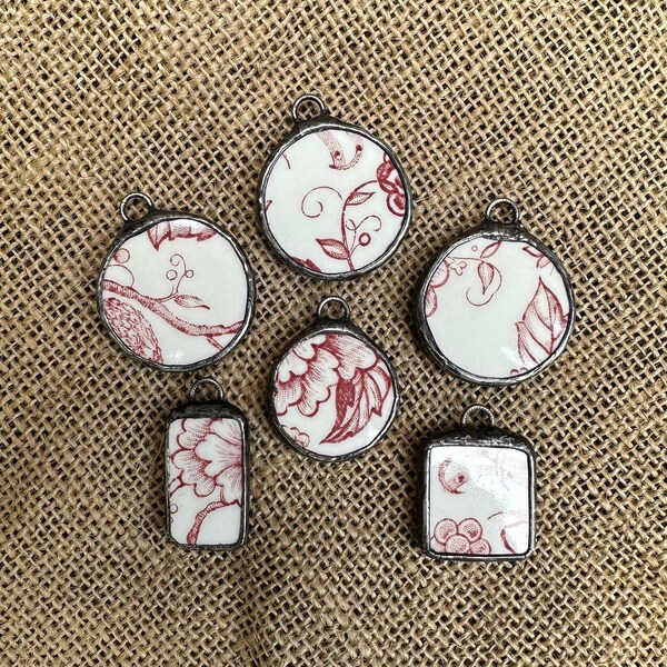 Antique English Red Toile Porcelain China Pieces Hand Soldered Pendants Artisan Oxidized Silver Solder Style Jewelry Supplies