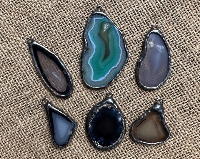 Soldered Freeform Agate Geode Slab Slice Pendants Metalwork Artisan Art