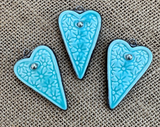Soldered Blue Hand Soldered Turquoise Blue Ceramic Heart Pendant Beaded Solder Rustic ...