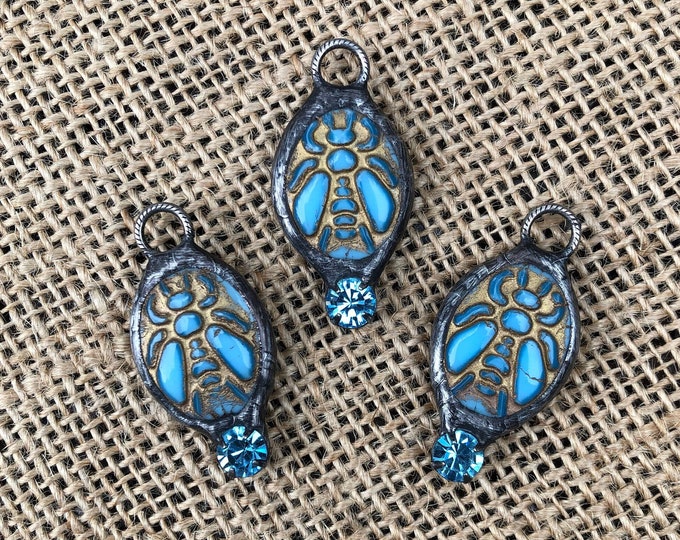 Blue & Gold Czech Glass Soldered Bee Pendants With Blue Crystals