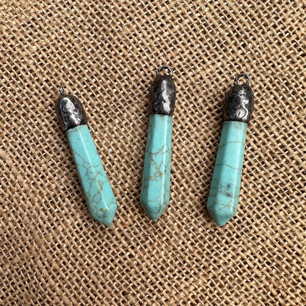 Turquoise Spike Stick Drop Hand Soldered Bead Cap Pendant Bohemian Style Artisan Designs