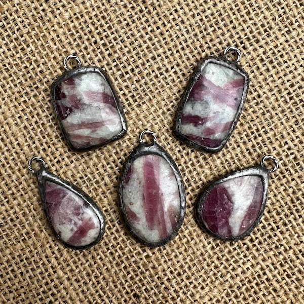 Pink Tourmaline Hand Soldered Artisan Pendants Oxidized Dark Patina Finish Custom Raw Stone Jewelry Supplies and Findings