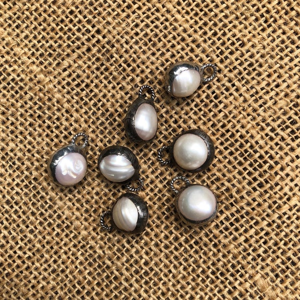 Soldered White Pearl Pendants Charms Silver or Rustic Style Dark Patina Finish Artisan Boho Beach Jewelry Solder Designs