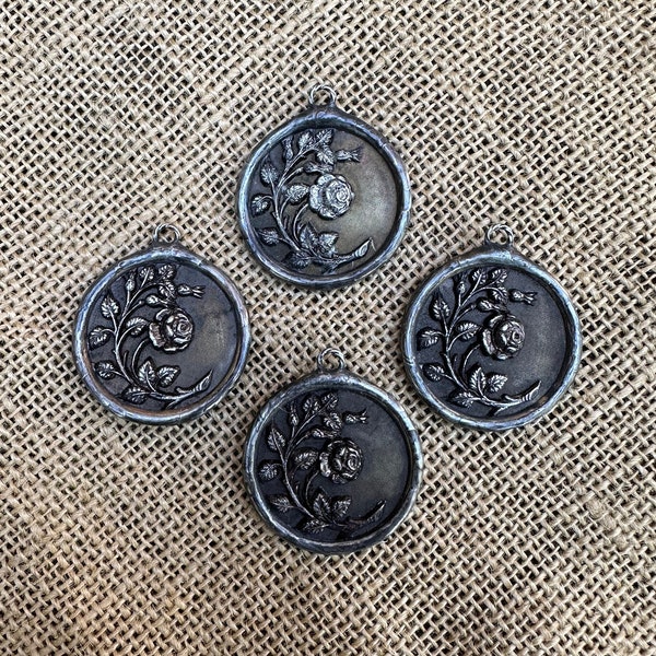 Antique Brass and Metal Buttons Vintage Designs Hand Soldered Pendants Charms Artisan Floral Filigree Relief Patina Finish