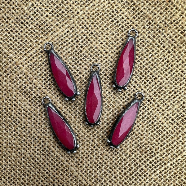 Hot Pink Stone Long Teardrop Shaped Hand Soldered Metalwork Pendants Artisan Vintage Style Rustic Beaded Finish Jewelry Supplies
