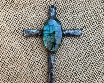 Rustic Style Large Soldered Cross with Labradorite Focal Handmade Pendant Artisan Gothic Statement Piece Jewelry Supply