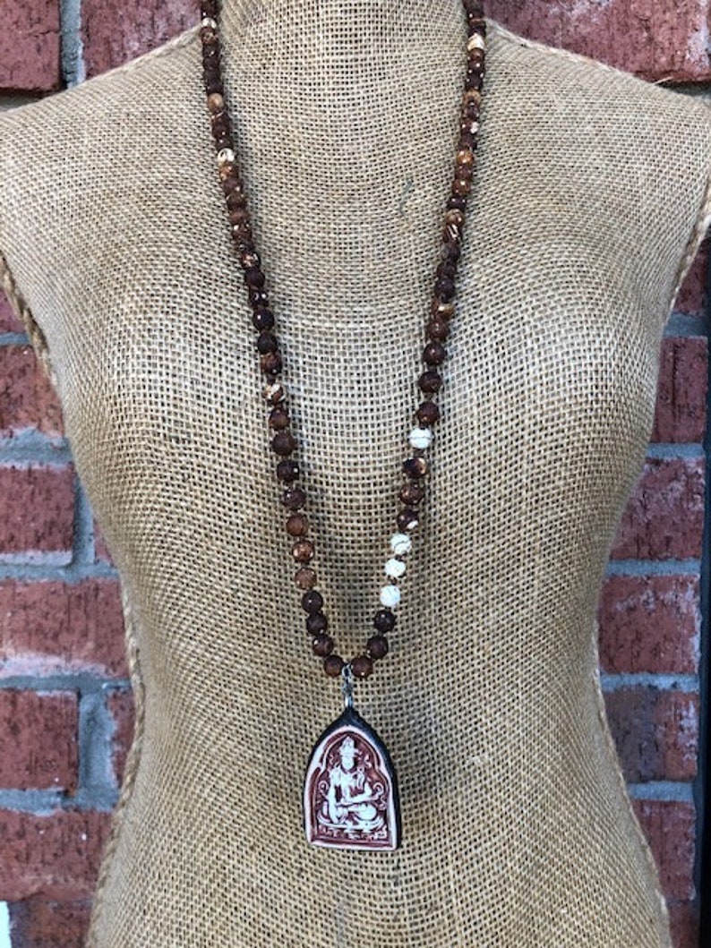 Hand Knotted Natural Stone Long Layering Boho Mala Necklace with Hand Soldered Buddha Pendant Earth Tones Bohemian Style