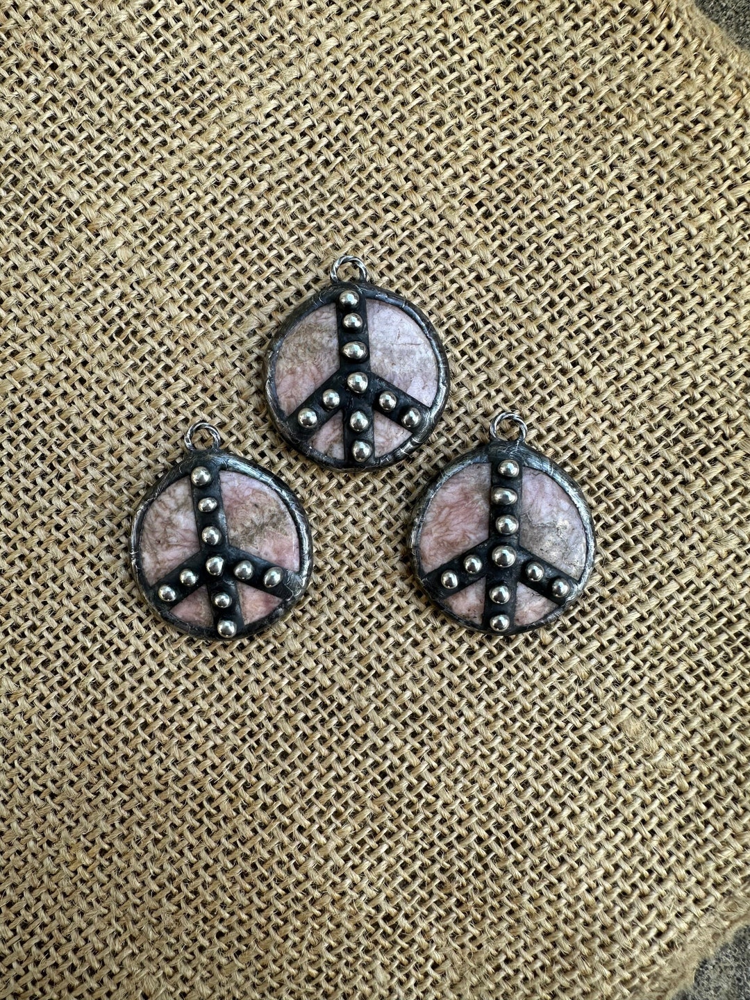 Pink Rhodochrosite Soldered Peace Sign Pendant Beaded Metalwork Artisan