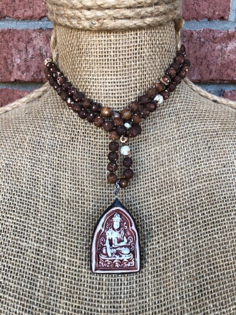 Hand Knotted Natural Stone Long Layering Boho Mala Necklace with Hand Soldered Buddha Pendant Earth Tones Bohemian Style
