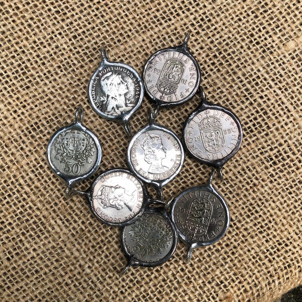 Antique Hand Soldered Rustic Foreign Coin Connectors Artisan Silver Edge or Old World Dark Finish Rustic Solder Boho Jewelry Supply