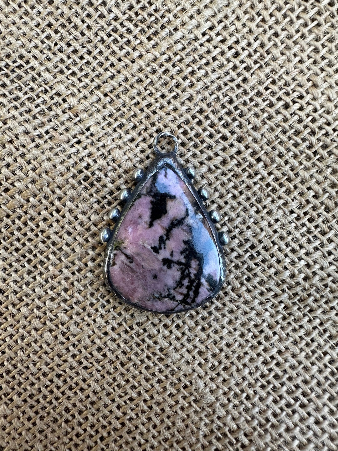 Pink and Black Rhodonite Soldered Teardrop Pendant Dot Texture