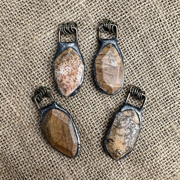 Picture Jasper Hand Soldered Freeform Focal Stone Pendant with Industrial Chic Style Jump Rings Artisan Supply Hand Crafted Solder Designs