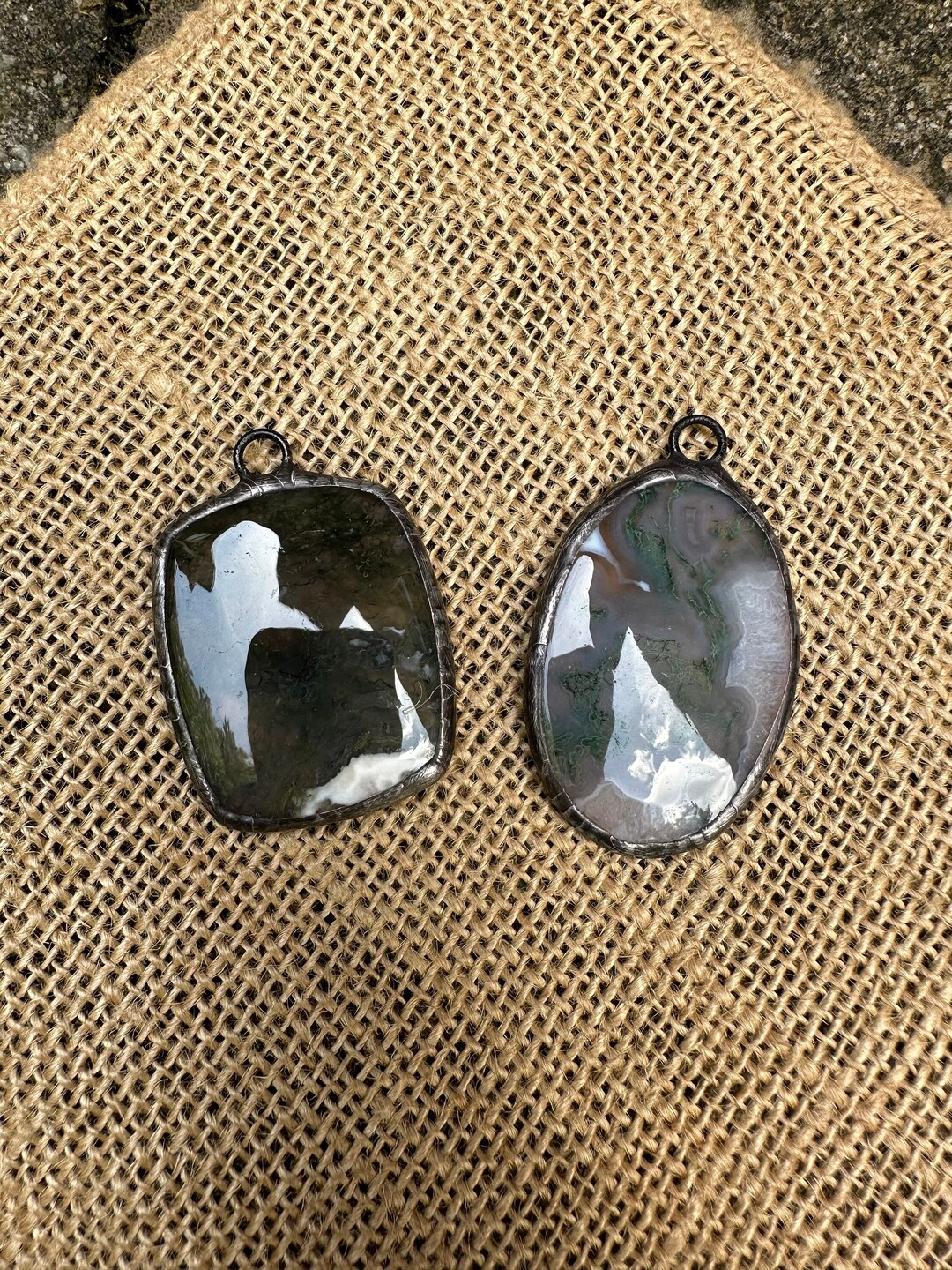 Moss Agate Multi Shape Soldered Pendants Beaded Metalwork Artisan Art