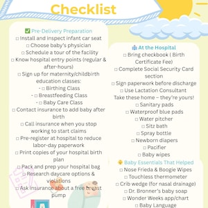 May include: A light green and yellow checklist titled "Baby: Pre-Delivery Checklist." The checklist includes pre-delivery preparation, items to bring to the hospital, and baby essentials. Colorful ABC blocks are at the bottom.