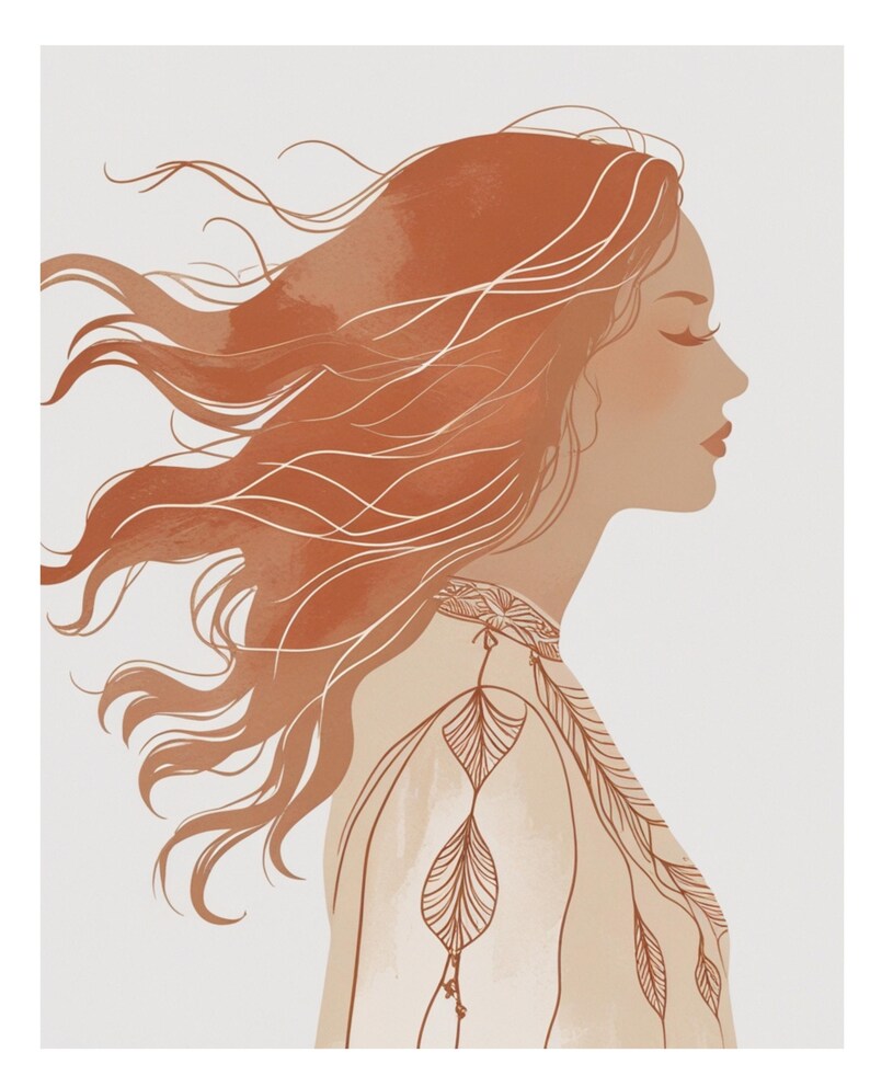 May include: Illustration of a woman's profile with flowing auburn hair and closed eyes. She wears a beige top adorned with a leaf-like pattern. The artwork has a soft, warm color palette, with a light background.