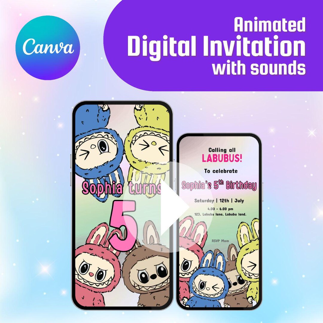 Labubu Party Animation Labubu Animated Birthday Invitation Girl: Editable Canva Video Card ...
